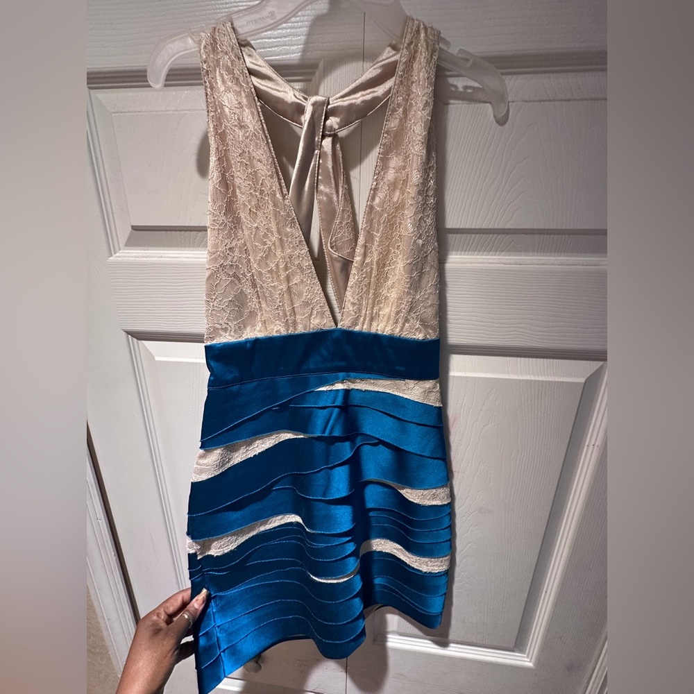 Bebe Blue and Cream Lace Ribbon Dress
